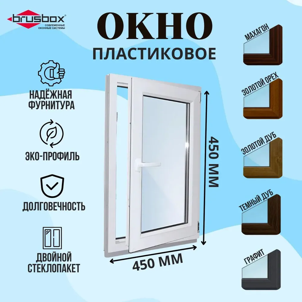 Окно пластиковое 450х450 мм Графит поворотное правое профиль 60 двойной стеклопакет 3 стекла